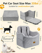 Dog Car Seat for Small/Medium Dogs Up to 35 lbs, 2-in-1 Pet Car Seat with Memory Foam, Machine Washable Dog Bed for Cars, Non-Slip Pet Booster Carseat with Safety Leashes, Storage Pockets (Grey)