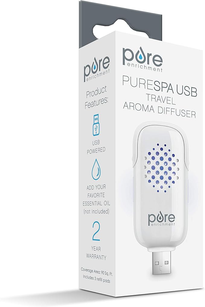 Pure Enrichment PureSpa USB Personal Aroma Diffuser - Portable, BPA-Free Essential Oil Diffuser with 3 Aromatherapy Refill Pads - Ideal for Car, Computer, and Travel