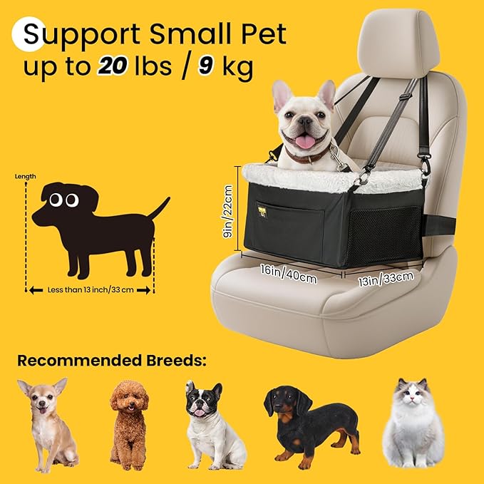 Dog Car Seat Booster for Small Pet Under 20lbs, Portable Travel Puppy Car Seat with Internal Steel Frame, Comfort Cushion & Storage Pockets, Adjustable Straps Fit Most Cars, Black