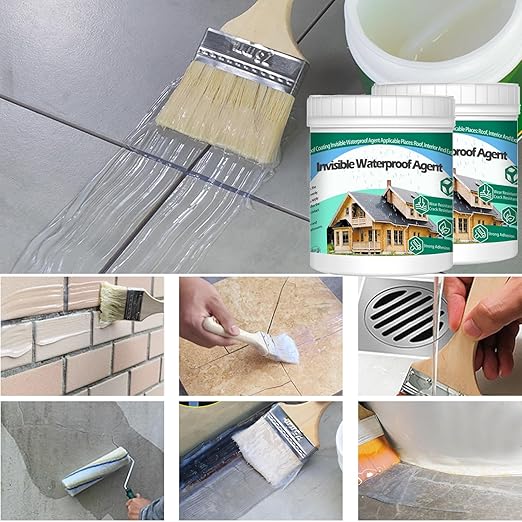 2Kg/70.5Fl.oz Invisible Waterproof Agent Indoor&Outdoor Waterproof Coating Set Transparent Liquid Sealant with Wooden Brush Resistant Work Gloves Putty Knife Cut Paint Roller