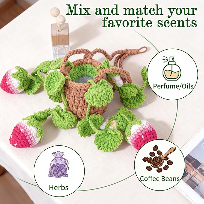Crochet Car Air Freshener, 10ml Empty Refillable Oil Diffuser Bottle with Hanging Crochet Flower Strawberry Plant & Hanging Tools, Car Rearview Mirror Diffuser for Wall Art & Home & Office Decoration