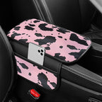 Cow Print Car Center Console Cover PVC Leather Armrest Cushion with 2 Storage Bags Universal Car Armrest Seat Box Pad Car Interior Accessories Protector for Women Men (Pink Black)