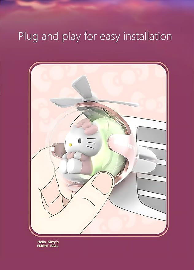 Kitty Car Air Freshener, Cute Pink Cat Pilot Air Vent Clip Interior Accessory, with 6 Color Changes, Rotating Propeller Car Air Outlet Fan, Creative Cartoon Car Air Freshener