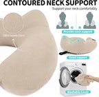 Inflatable Travel Neck Pillow for Airplane, Head Support Velvet Adult Neck Pillow for Long Flight, Kit with Eye Mask, Earplugs and Storage Bag,1, Beige