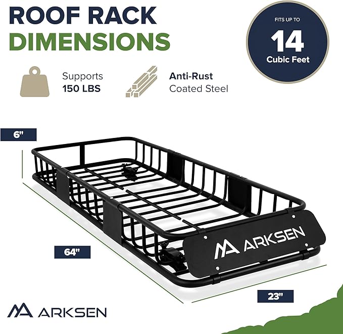 ARKSEN Skinny Roof Rack 64"x23"x6" Cargo Carrier with Waterproof Bag & Anti-Slip Mat, Heavy Duty Weather Resistant Top Mount Cargo Basket, Luggage Camping Gear Storage for Car, Truck or SUV Transport