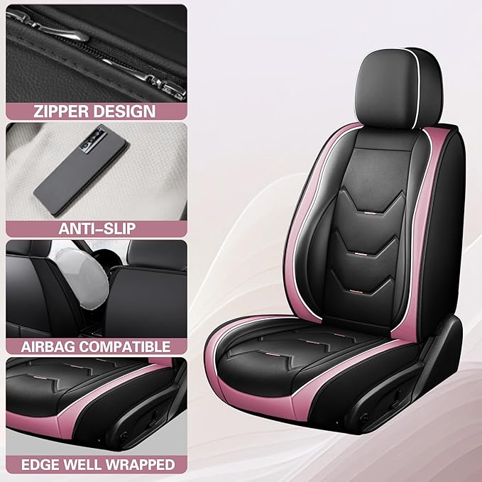 otoez Car Seat Covers Full Set, 5 Seat Pink Leather Seat Cover for Car, Waterproof Automotive Front and Back Seat Protectors for Most Sedens Trucks SUVs, Black & Pink