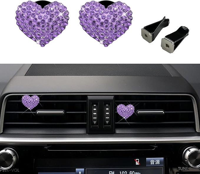 2PCS Bling Heart Air Vent Clips, Heart Shaped Crystal Air Freshener Vent Clips, Rhinestone Air Conditioning Outlet Clip, Universal Interior Decor Car Accessories for Women Girl (Purple)