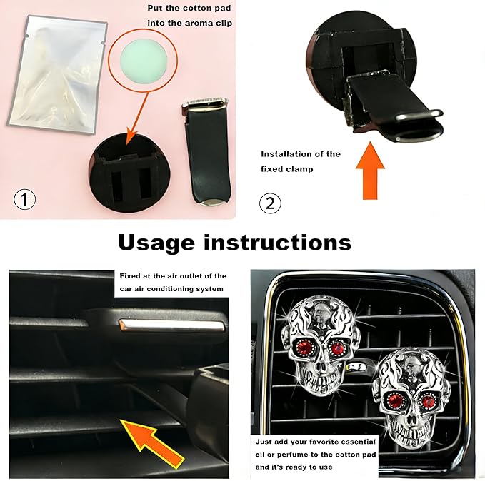 Gothic Skull Car Air Freshener Vent Clips with 2 Pads, Halloween Scented Car Accessories for Men Women, Automotive Interior Decor and Cool Car Fresheners for Men， Spooky Gift Idea-A2