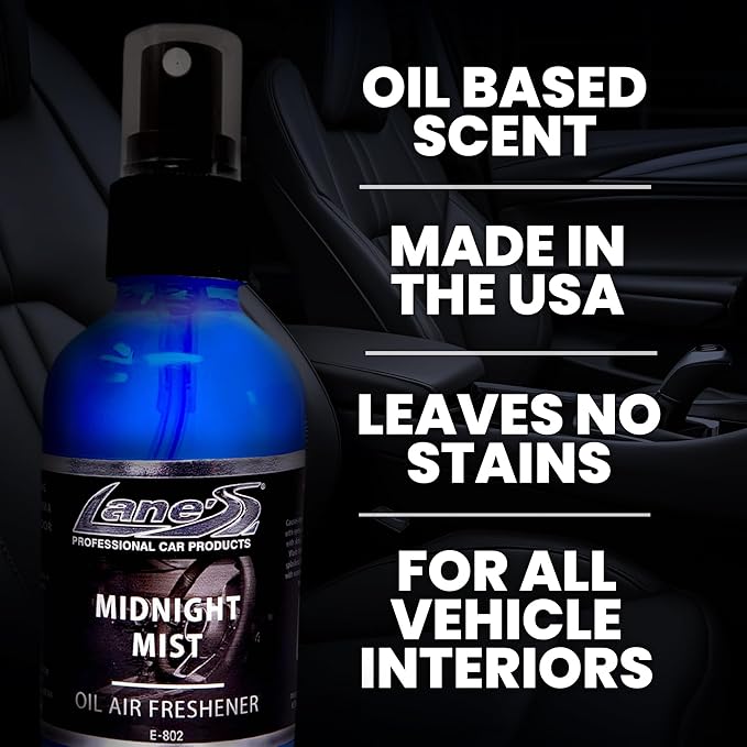 LANE’S Premium Car Air Freshener "Midnight Mist" - 4oz Oil-Based, Long-Lasting Auto Scent Spray - Food, Pet, Odor Smell Deodorizer for Cars, Trucks, SUVs' Interior Leather, Carpet, Upholstery