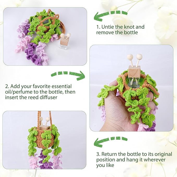 Crochet Car Air Freshener, 8ml Empty Refillable Oil Diffuser Bottle with Hanging Crochet Purple Wisteria Plant & Hanging Tools, Car Rearview Mirror Diffuser for Wall Art & Home & Office Decoration