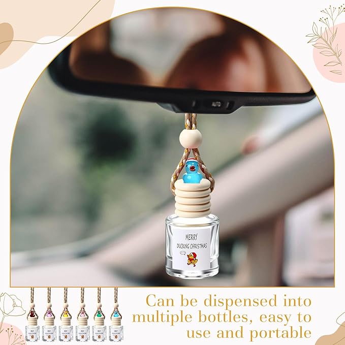 24 Set Christmas Hanging Car Air Freshener Car Diffuser Bottles Bulk Employee Appreciation Gifts Empty Glass Perfume Bottle with Resin Ducks and Merry Ducking Christmas Tags for Essential Oil