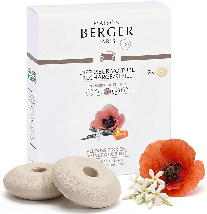 Maison Berger Luxury Car Diffuser Refill Set – Ceramic Inserts for Vent Clip Diffusers, 4-Week Passive Diffusion, Premium In-Car Fragrance Refill, Made in France (Velvet of Orient)