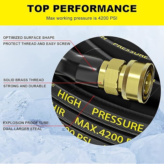 POHIR Pressure Washer Hose - 5 FT Whip Hose with 3/8'' Quick Connect Adapter Set, High Tensile Wire Braid Hose for Pressure Washing, Up to 4200 PSI