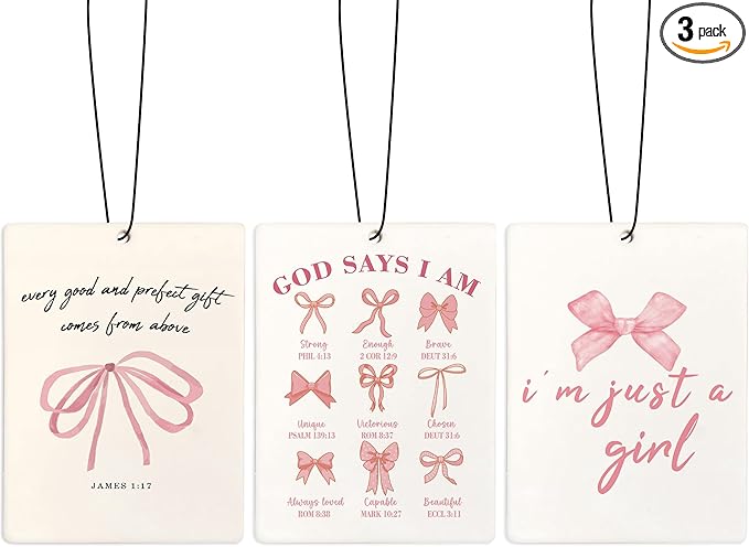 Coquette Pink Bow Girly Bible Verse Air Freshener for Car, Cute Religious Air Freshener Hanging 3 Pcs for Cars Closet Drawer or Books, Cute Preppy Christian Car Mirror Decor for Women