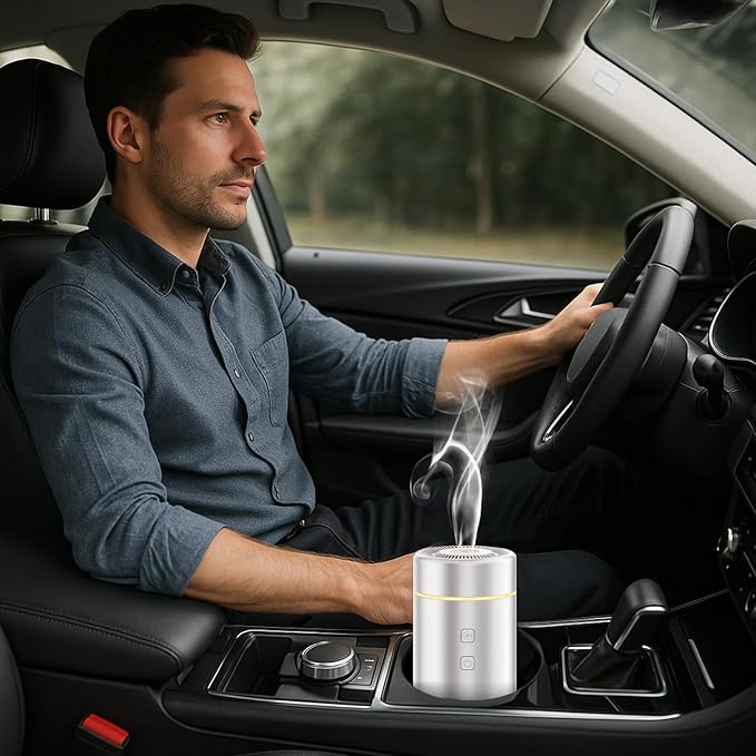 100ML Car Essential Oil Diffuser, Rechargeable Battery Powered, Cordless Portable Aromatherapy Humidifier with 7 LED Color Lights 2 Timer Modes for Car Room Home Office (Silver)