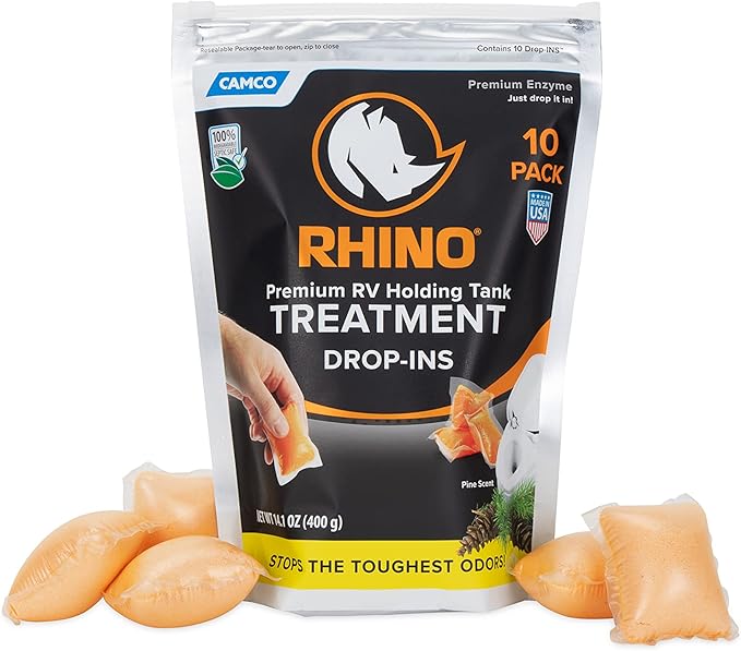 Camco RhinoFLEX Premium Enzyme RV Holding Tank Treatment Drop-INs | Features a Biodegradable Septic Safe Formula, a Pine Scent, and is Ideal for RVing, Boating, and More | 10 Count (41519)