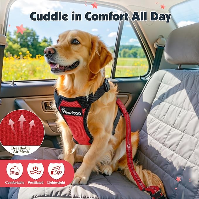 Pawaboo Dog Seat Belt Harness for Car, Dog Car Harness Seatbelt with Double Clips, Adjustable Breathable Pet Vest & Dogs Safety Tether with Elastic Bungee for Small Medium Large Pet, L, Red+Black