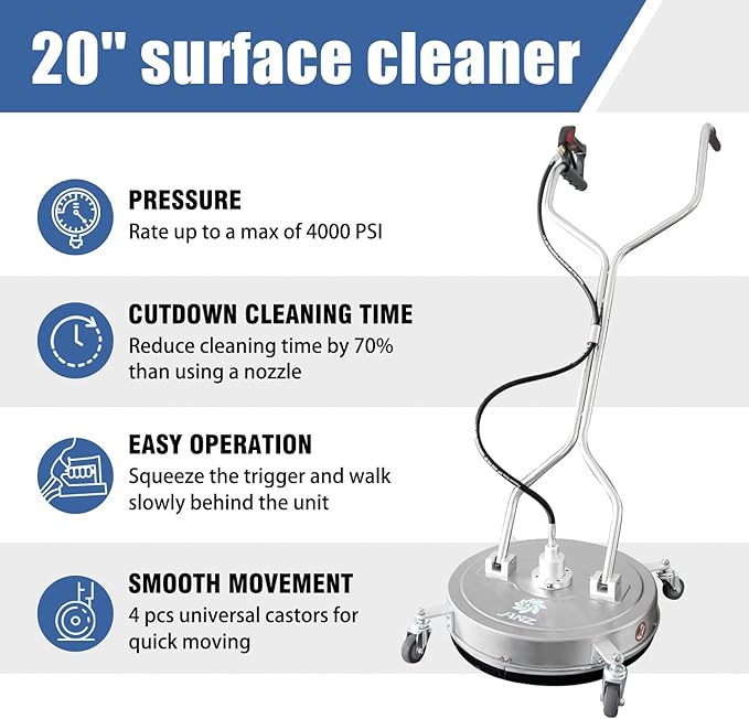 janz 20" Pressure Washer Surface Cleaner with 4 Wheels,Dual Handle,Stainless Steel Housing, 4 Replacement Nozzles and 2 Hose Adapters,Ideal for Driveways, Sidewalks,Patios,Decks Cleaning