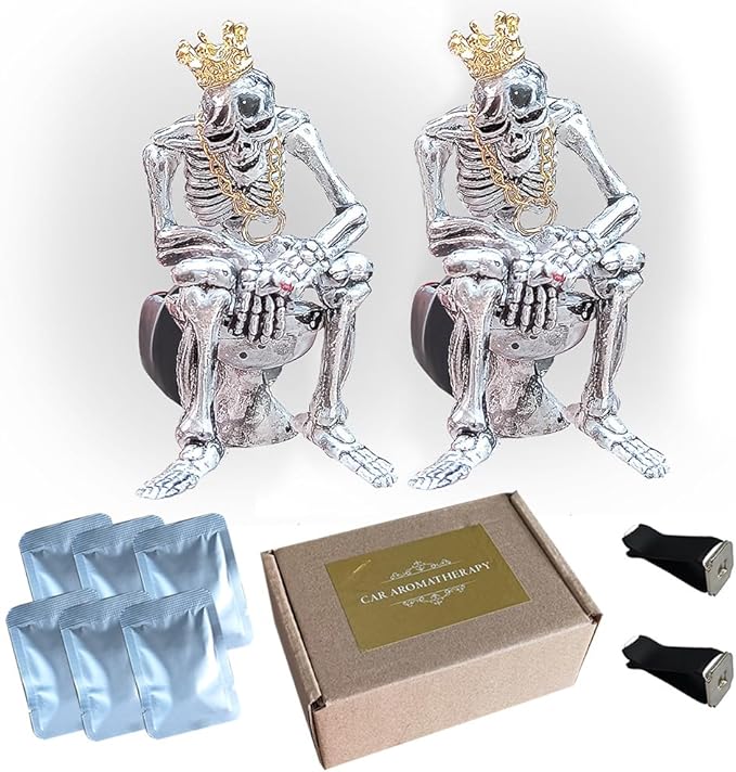 2pcs skull air freshener car Car Diffuser Vent Clip With Aromatherapy Tablets Fragrance Skeleton Aroma Accessories Interior Decorations For Men Women Teens Funny Christmas Halloween Gifts (Silver)