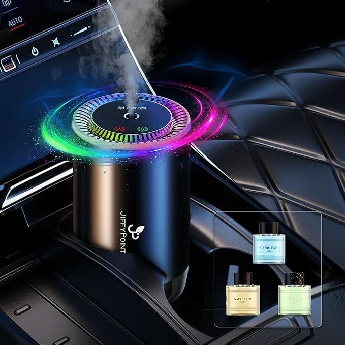 JiffyPiont Smart Car Air Freshener | Car Essential Oil Diffuser with 3 Fragrances (150ML Total) | Auto ON/OFF Car Diffuser | Star Projector | 7-Color Breathing Light | Long Life 450mAh Battery