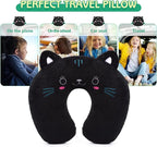 H HOMEWINS Travel Pillow for Kids,Cute Animal Neck Pillow for Boys Girls,Soft Neck Head Chin Support Pillow,Travel Accessories for Airplane, Car, Train,Recline (Black cat)