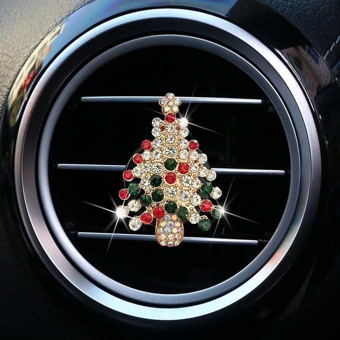 Set of 4 Bling Christmas Car Air Freshener Vent Clips, Crystal Rhinestone Sparkly Air Conditioning Outlet Decorative Clip Charms Cute Car Interior Accessories