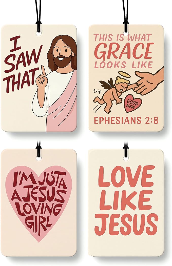 Funny Jesus Christian Car Air Freshener 4 Pcs Coconut Scented, Religious Faith Car Accessories Mirror Decor for Women, I Saw That Jesus Hanging Air Freshener for Cars Closet Drawer Books
