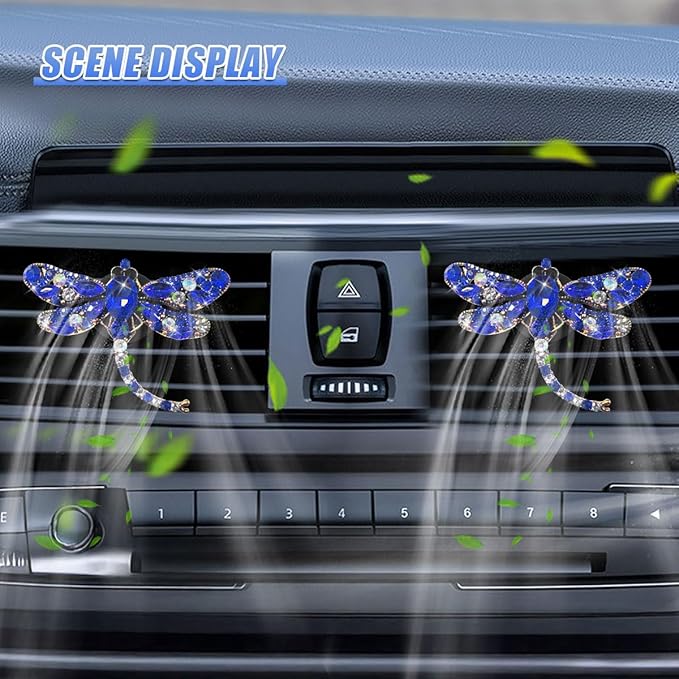 2PCS Bling Dragonfly Car Air Vent Clips, Crystal Rhinestone Car Air Conditioning Outlet Clip, Universal Cute Vehicle Interior Diffuser Decoration Accessories for Women(Blue)
