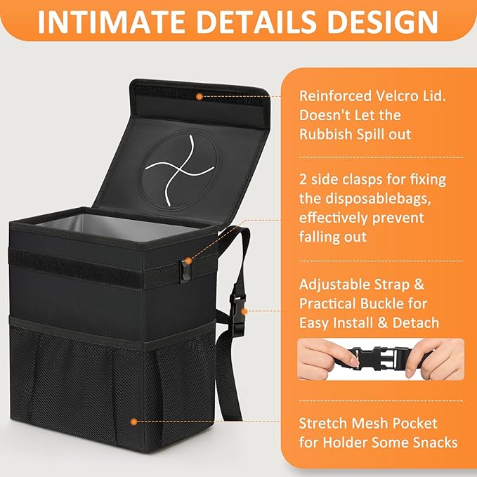 Car Trash Can Bin with Lid Hanging for Back Seat, Car Accessories for Women Men Leak Proof Automotive Garbage Cans Leakproof Vehicle Trash Can for Truck SUV Black