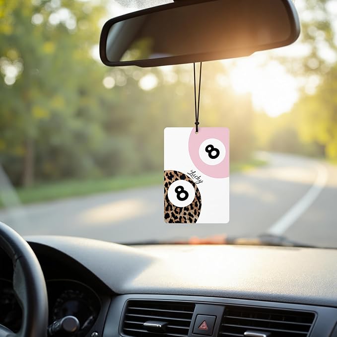 Pink Leopard Print Car Air Freshener 4 Pcs, Trendy Cheetah Lucky 8 Ball Ace Card Hanging Air Freshener for Cars Closet Drawer Books Office, Girly Car Accessories Mirror Decor for Women