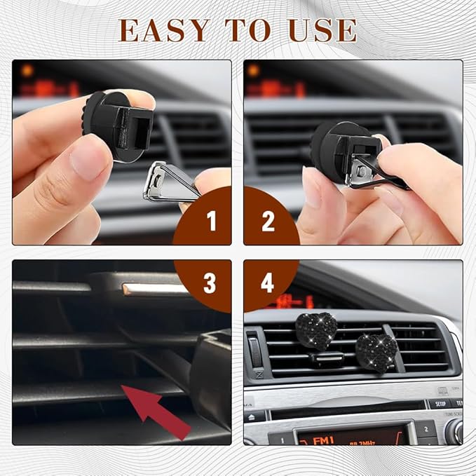 2PCS Heart-Shaped Car Vent Clip with Rhinestone, Car Vent Accessory, Bling Heart Charm Air Conditioning Outlet Clip, Auto Diffuser Air Freshener Charm for Women Girls (Black, Heart)
