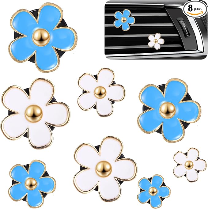 8PCS Daisy Flower Air Freshener Vent Clips - Cute Car Accessories for Women & Girls - Colorful Air Conditioning Outlet Clip - Blue, White