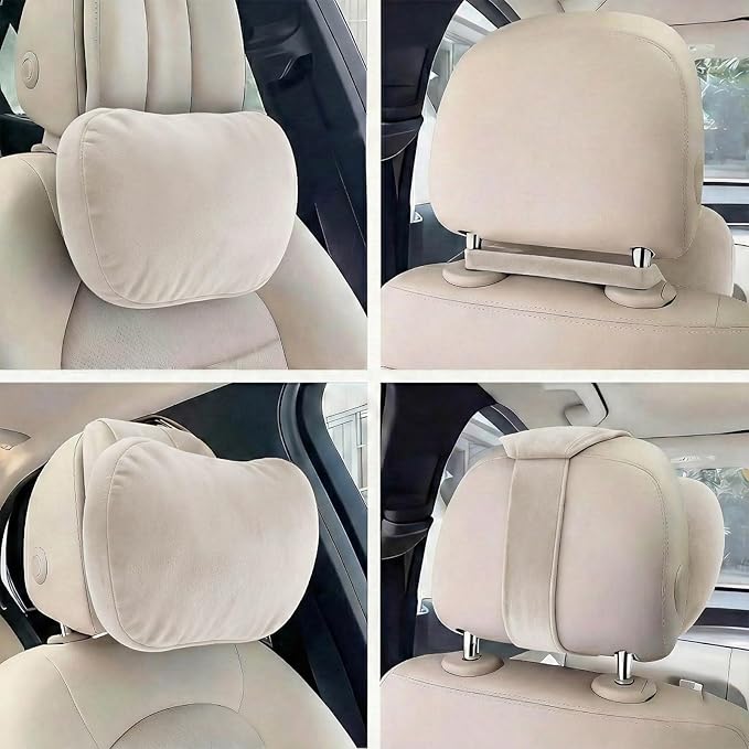 2PCS Car Pillow for Car Neck Pillow for Driving Seat Neck Support Soft Cushion Back Support Head-Rests for Vehicle Sleeping with Elastic Adjustment Strap (Beige, Head and Lumbar)