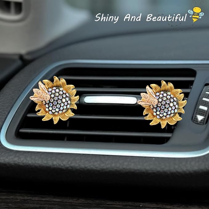 Sunflower Car Accessories,Movable Bee Flower Car Air Freshener Vent Clips,Bling Air Vent Aesthetic Decorations for Women,Refillable Aroma Diffusers