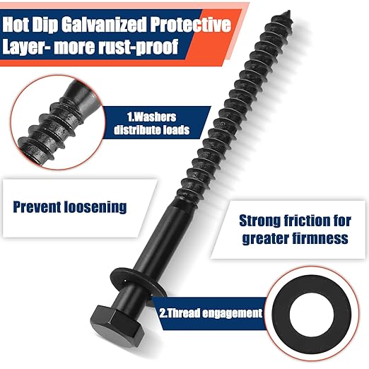 Tandefio 50 Pack 1/2''x 6'' Ceramic Black Lag Screw Kit with Washers Hex Lag Bolts Wood Screws Heavy Duty Ruspert Coating Hot Dip Galvanized Double Layer for Wood Decks Fences