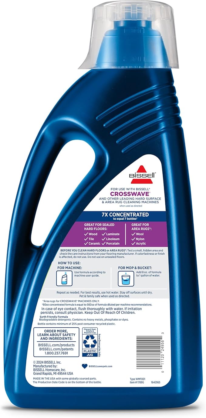 Bissell Multi-Surface Solution, for use in CrossWave and Other Leading Hard Surface and Area Rug Cleaners, 80oz, Dissolves Dirt, Grime, and Tough Sticky Messes