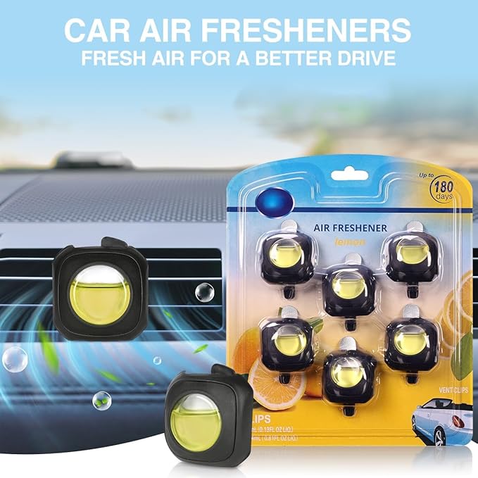 Car Air Freshener Vent Clip, Lemon Scented Car Accessories, Long Lasting for Strong Odors, Unstopables Fresh Scent, Lasting Over 180 Days, 6 Count