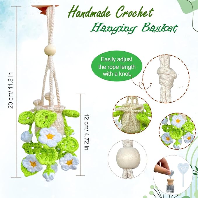 Handmade Crochet Hanging Essential Oil Diffuser Plant for Car Air Freshener | Cute Décor Knitted Succulent Fresheners for Refillable Scent Oils Holder Deffusers (Daisy)