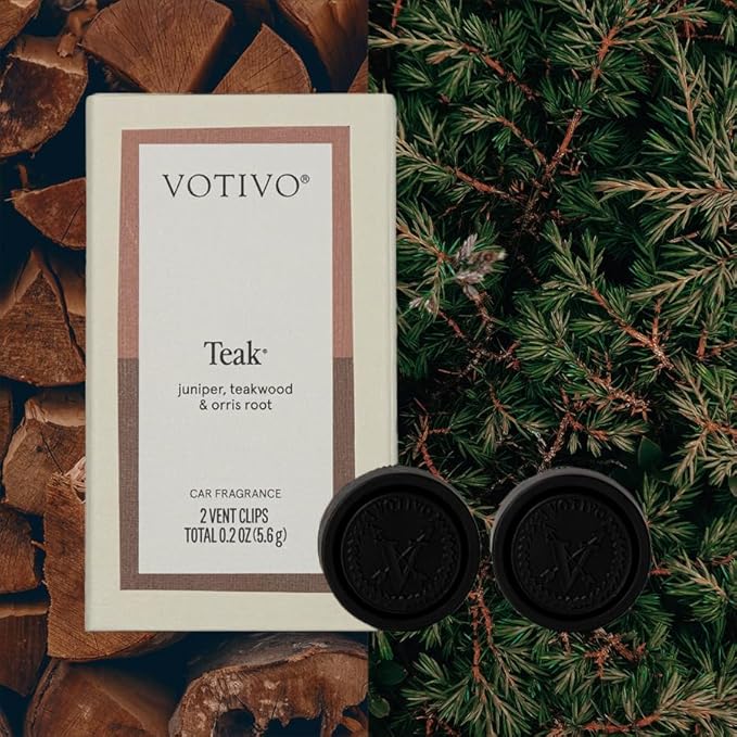 Votivo Teak Car Fragrance 2-Pack | Auto Vent Clip Car Fresheners | Woody Outdoors Scent for Vehicle | Provides Long Lasting Premium Scent for Auto