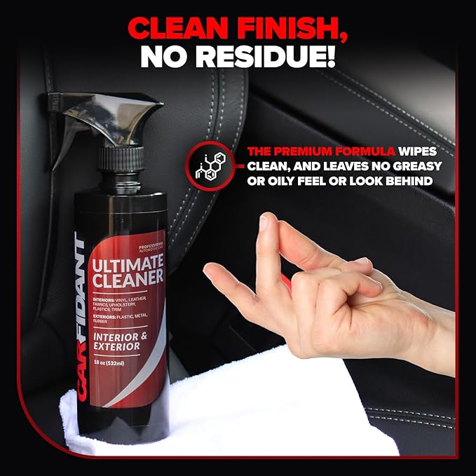 Carfidant Ultimate Car Interior Cleaner - Professional Stain and Odor Remover for Leather, Fabric, Carpet - Tesla Safe, Pet & Kid Friendly - Works on All Interior Surfaces - 18oz + Microfiber Towel