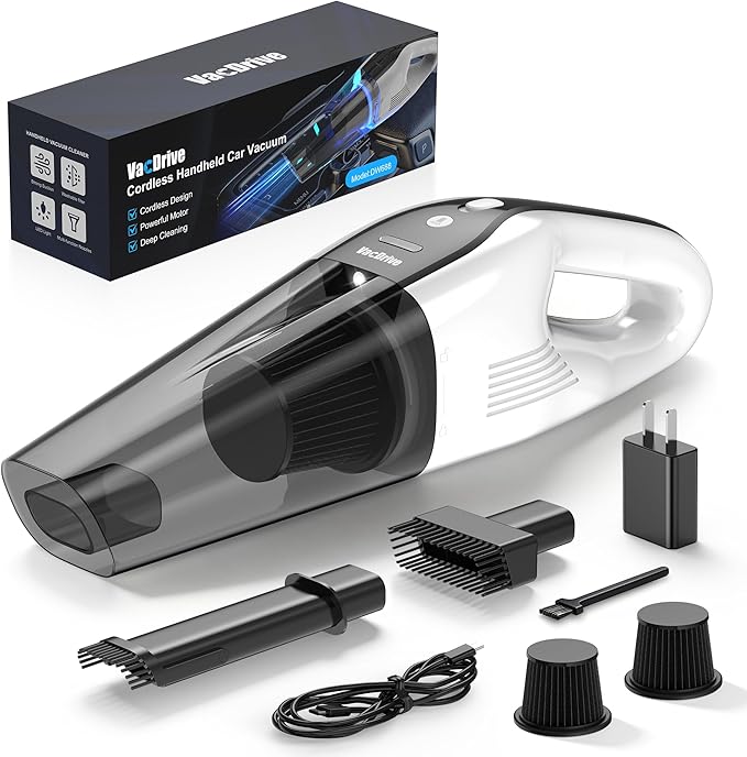 Handheld Vacuum Cordless, Ultra-Strong Suction Car Vacuum Portable Cordless, Rechargeable Hand Held Car Vacuum Cleaner High Power with Brushless Motor&Washable Filter for Car, Home, Pets, White&Black