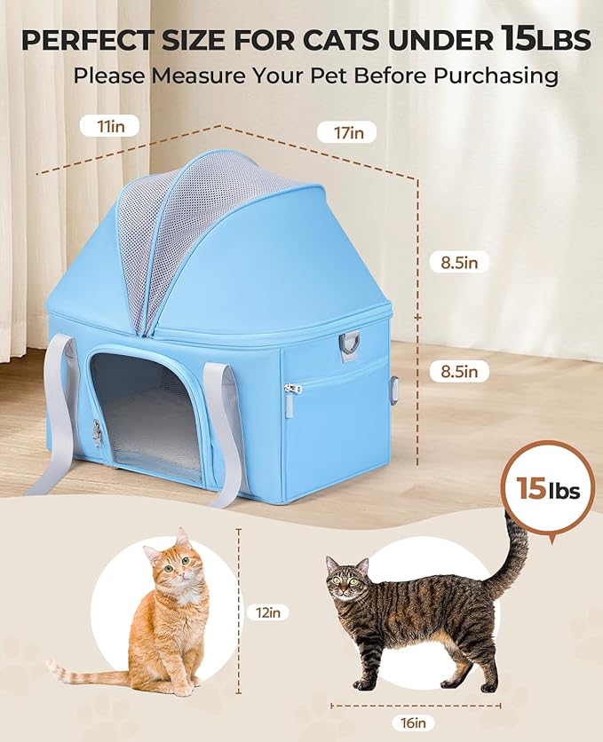 BurgeonNest Top-Expandable Large Cat Carrier, Soft Sided Cat Bag Carrier for Medium Large Pet Up to 15 lbs, Upgraded Small Dog Car Seat, Puppy Travel Bag with Semi-Open Canopy, Blue