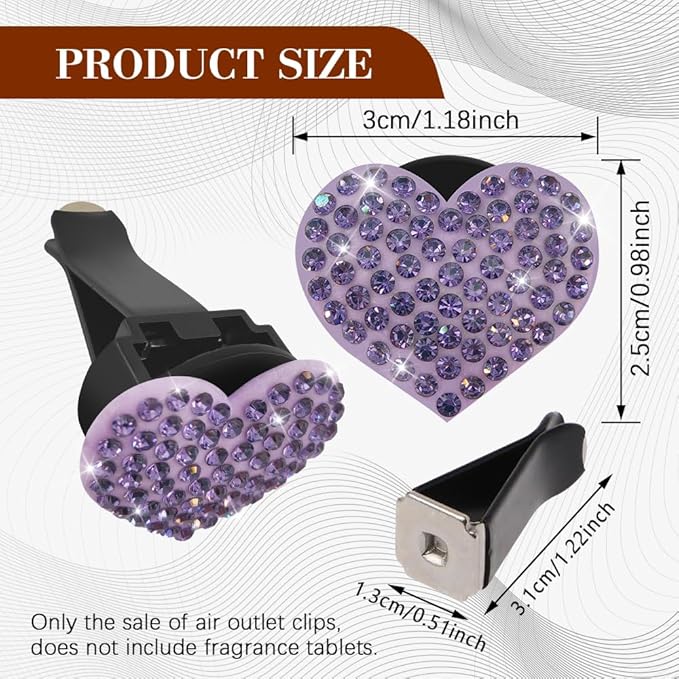 2PCS Heart-Shaped Car Vent Clip with Rhinestone, Car Vent Accessory, Bling Heart Charm Air Conditioning Outlet Clip, Auto Diffuser Air Freshener Charm for Women Girls (Purple, Heart)
