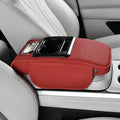2026 Enhanced Car Center Console Armrest Cushion with USB& Type-C Charging, PU Leather Console Pad with Cup Holders, Storage& Tissue Outlet for Most Vehicles (Sloped Version, Red)