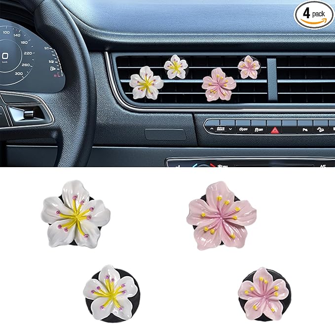 Cute Car Dashboard Air Vent Trim Clips, Hawaiian Flower Auto Air Freshener Vent Clip, Auto Air Conditioning Diffuser, Hibiscus Blossom Car Interior Accessories Decorations for Girls Women (4PCS)