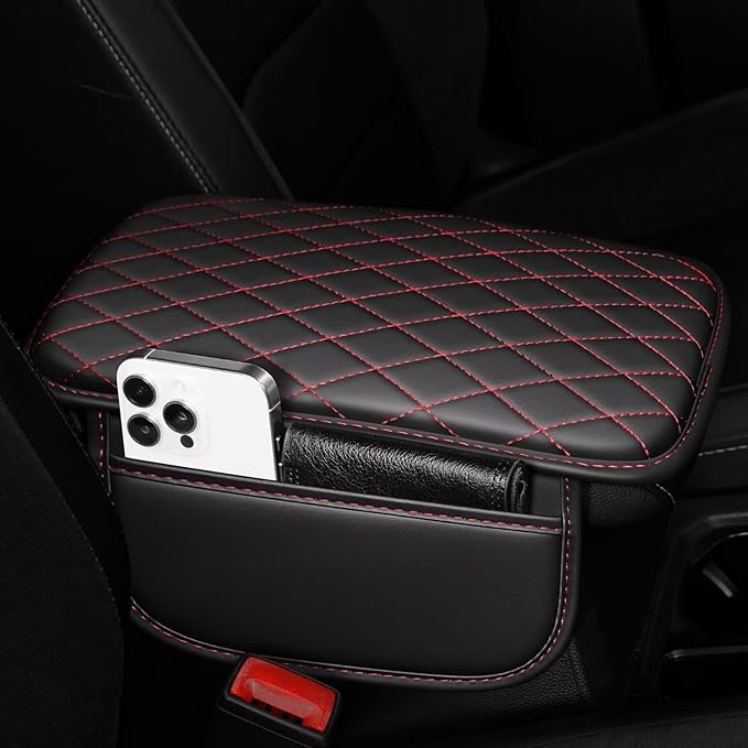 Upgraded Car Center Console Cover Fit for bZ4X Faux Leather Car Armrest Cover Cushion with 2 Storage Bags,Car Armrest Storage Box Interior Accessories(Black&Redline)