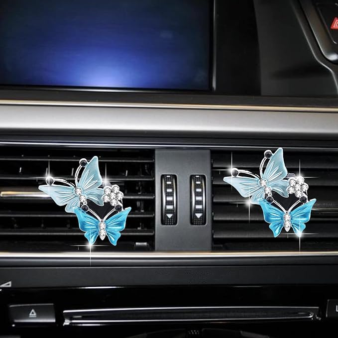 2Pcs Dual Butterfly Diamond Car Air Fresheners Vent Clips, Cute Dual Butterfly Air Vent Clips, Car Air Conditioning Outlet Clip Decorative Interior Accessories(Blue)