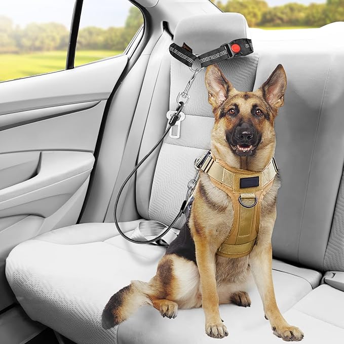 Chew Proof Dog Car Seat Belt, 2 in 1 Steel Cable Dog Car Accessories Headrest Restraint Doggie Car Seatbelt for Medium Large Dogs Chewer Heavy Duty Doggie Seatbelts for Cars Swivel Attach