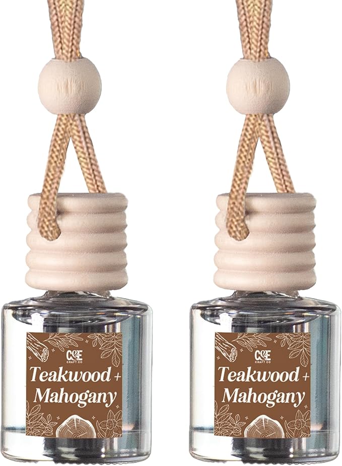 C&E Craft Co Hanging Car Air Freshener Diffuser 2 Pack, Long Lasting Fragrance Oil Car Freshener, Glass Bottle Auto Air Freshener, Made in USA (Teakwood + Mahogany)