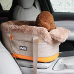 Pet Car Center Console Elevated Armrest Car Seat for Small Puppy, Dogs & Cats (Up to 10 lbs) – Dark Gray Washable Plush Carrier with Safety Leash, Fits Front Vehicle Console Space (Khaki)